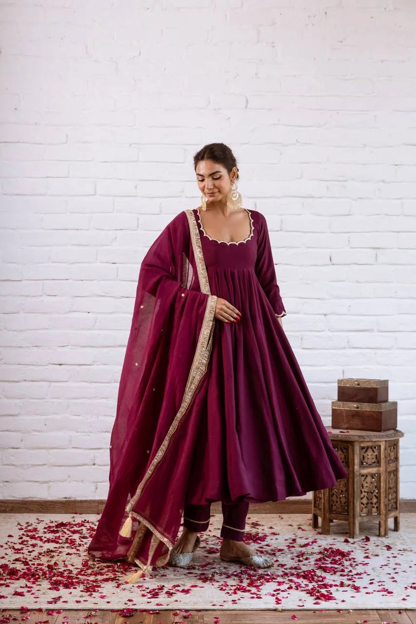 Wine Vichitra Silk Beaded Anarkali Set