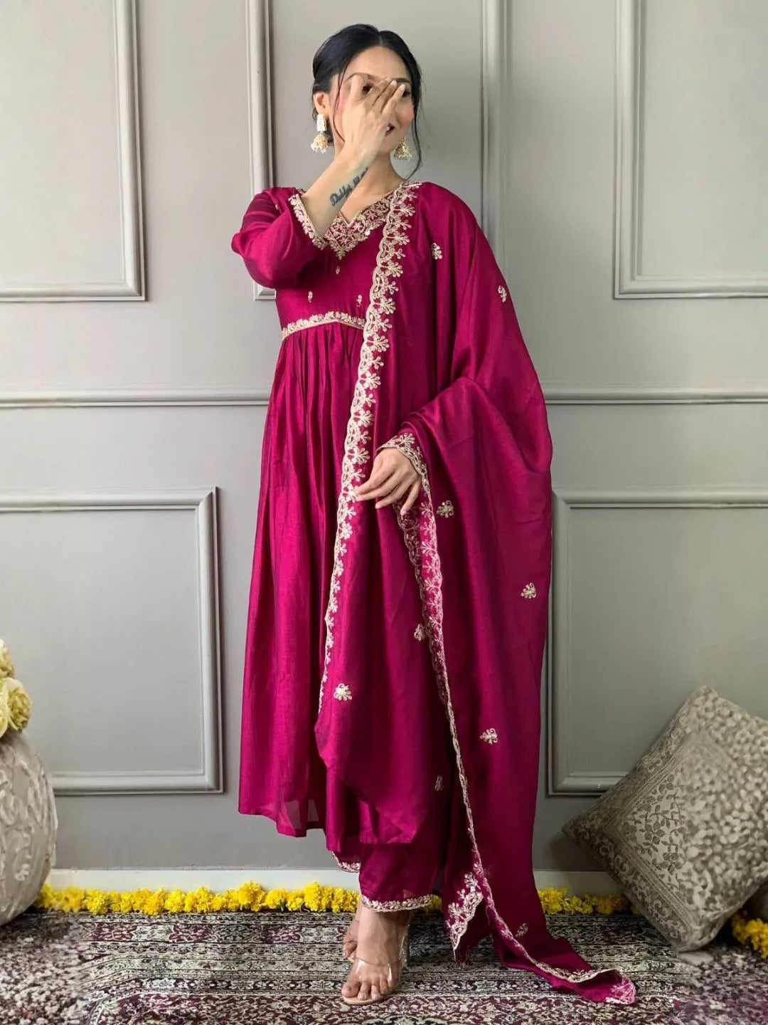 wine vichitra embroidered anarkali kurta pant set
