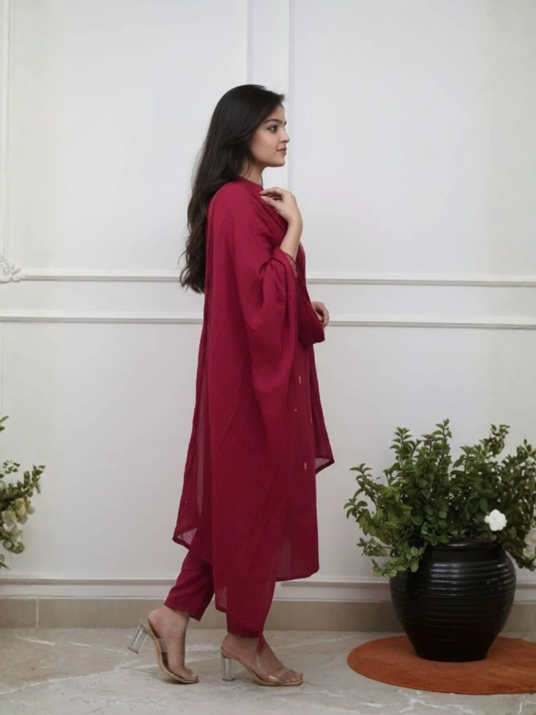 buy wine embroidered kurta set