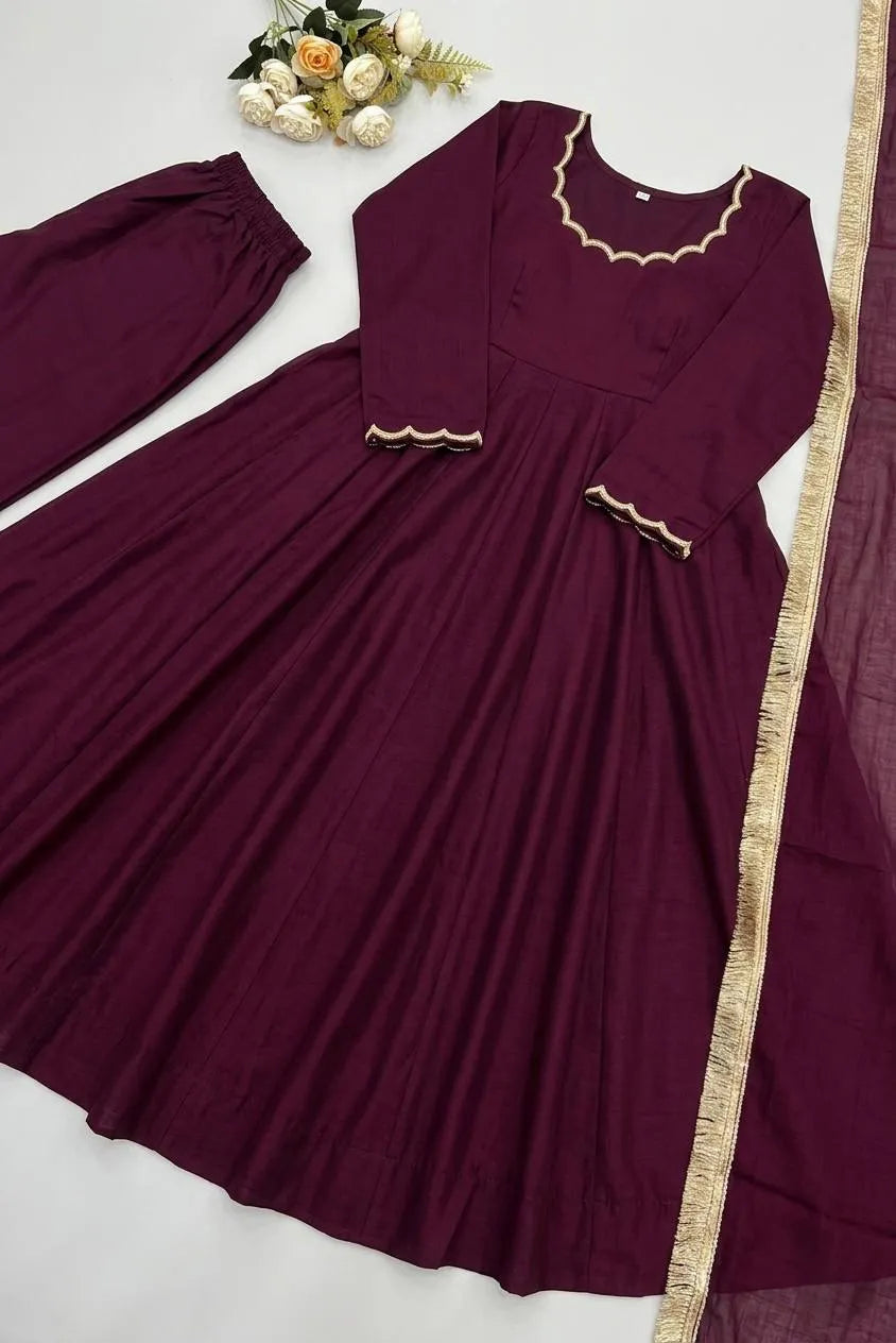 Wine Vichitra Silk Beaded Anarkali Set