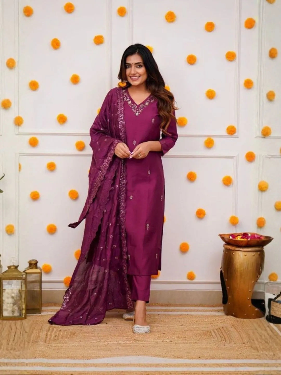 wine purple embroidered kurta set