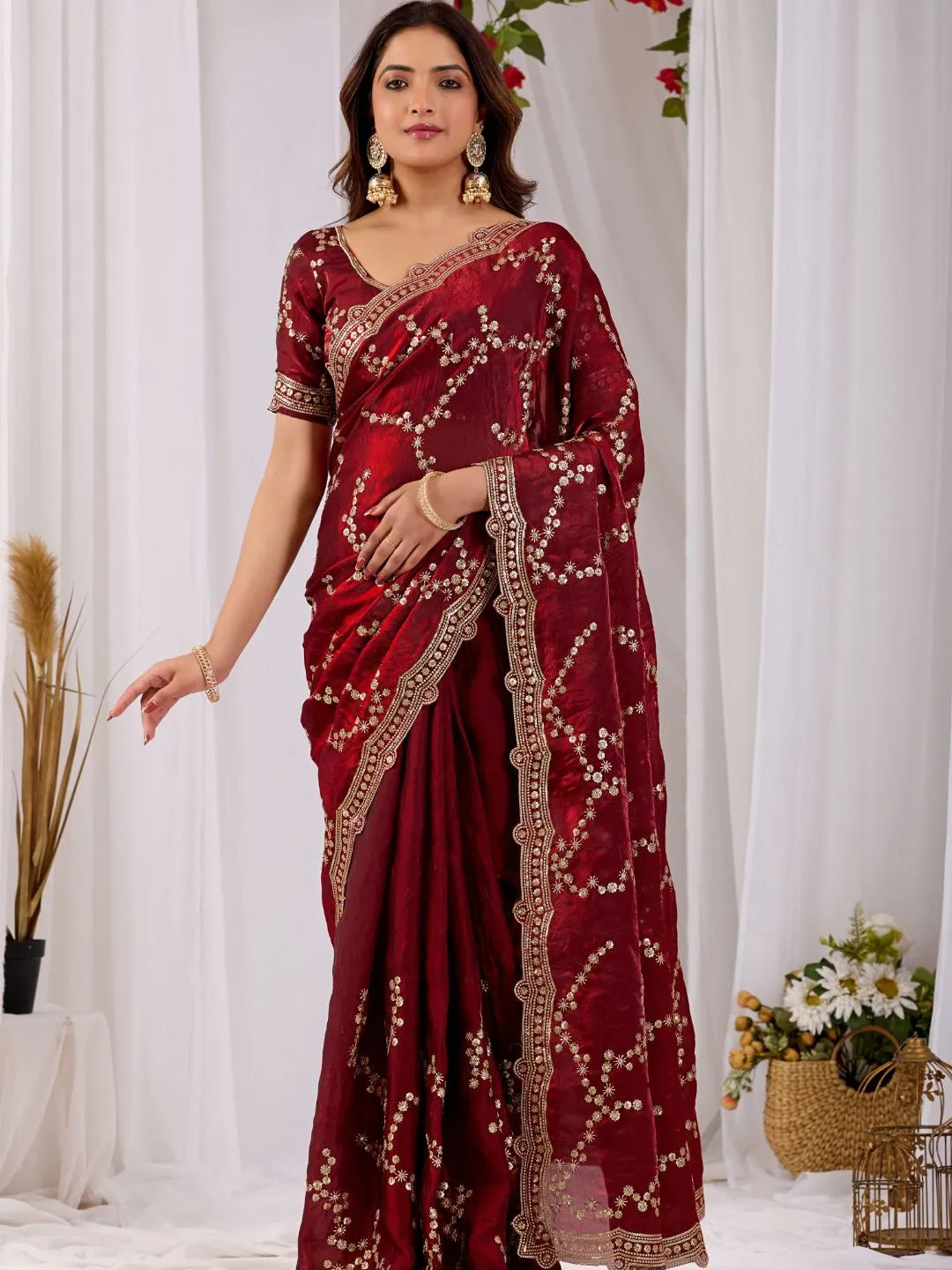 wine red embroidered festive silk saree
