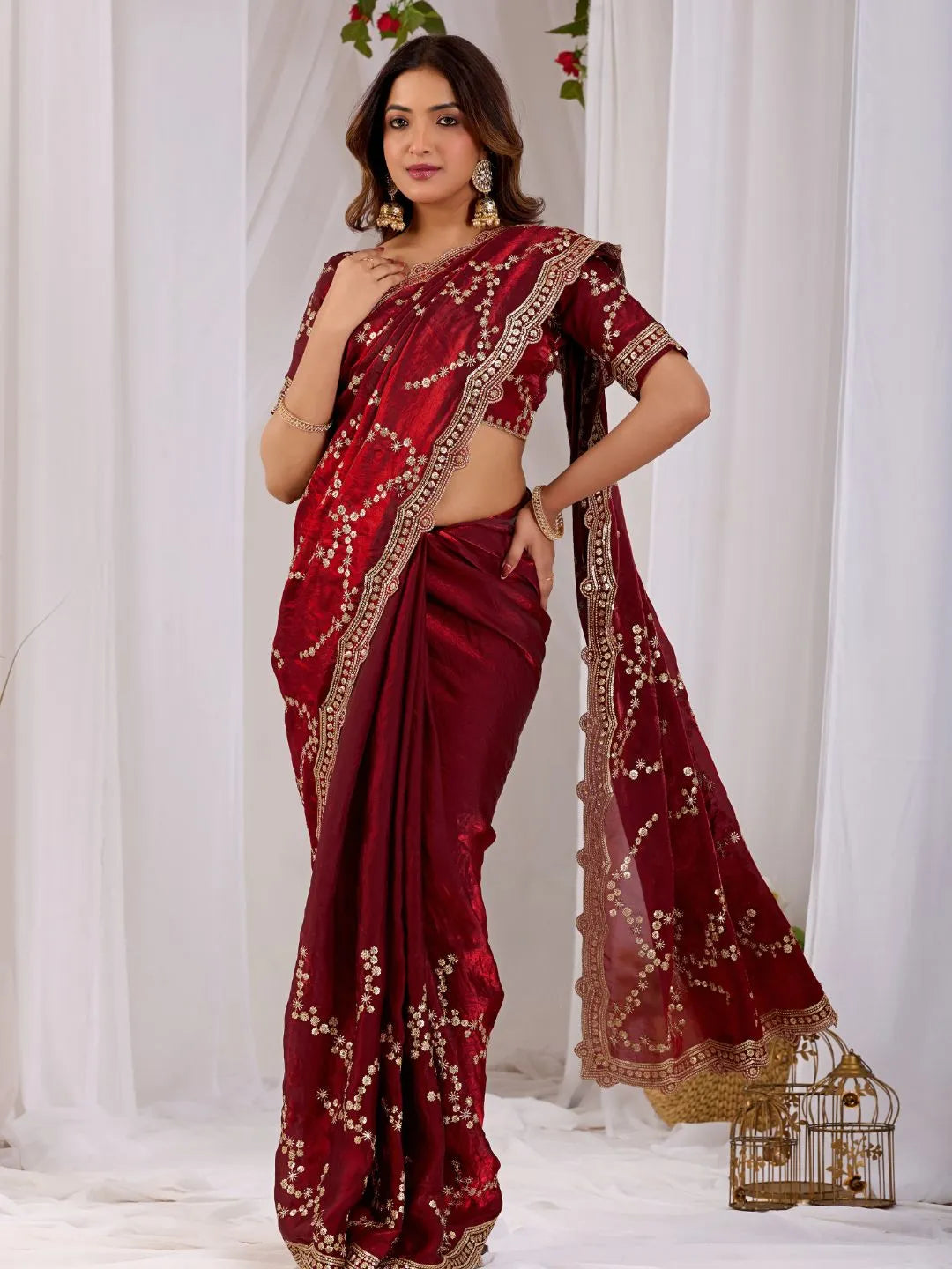 wine red embroidered silk saree