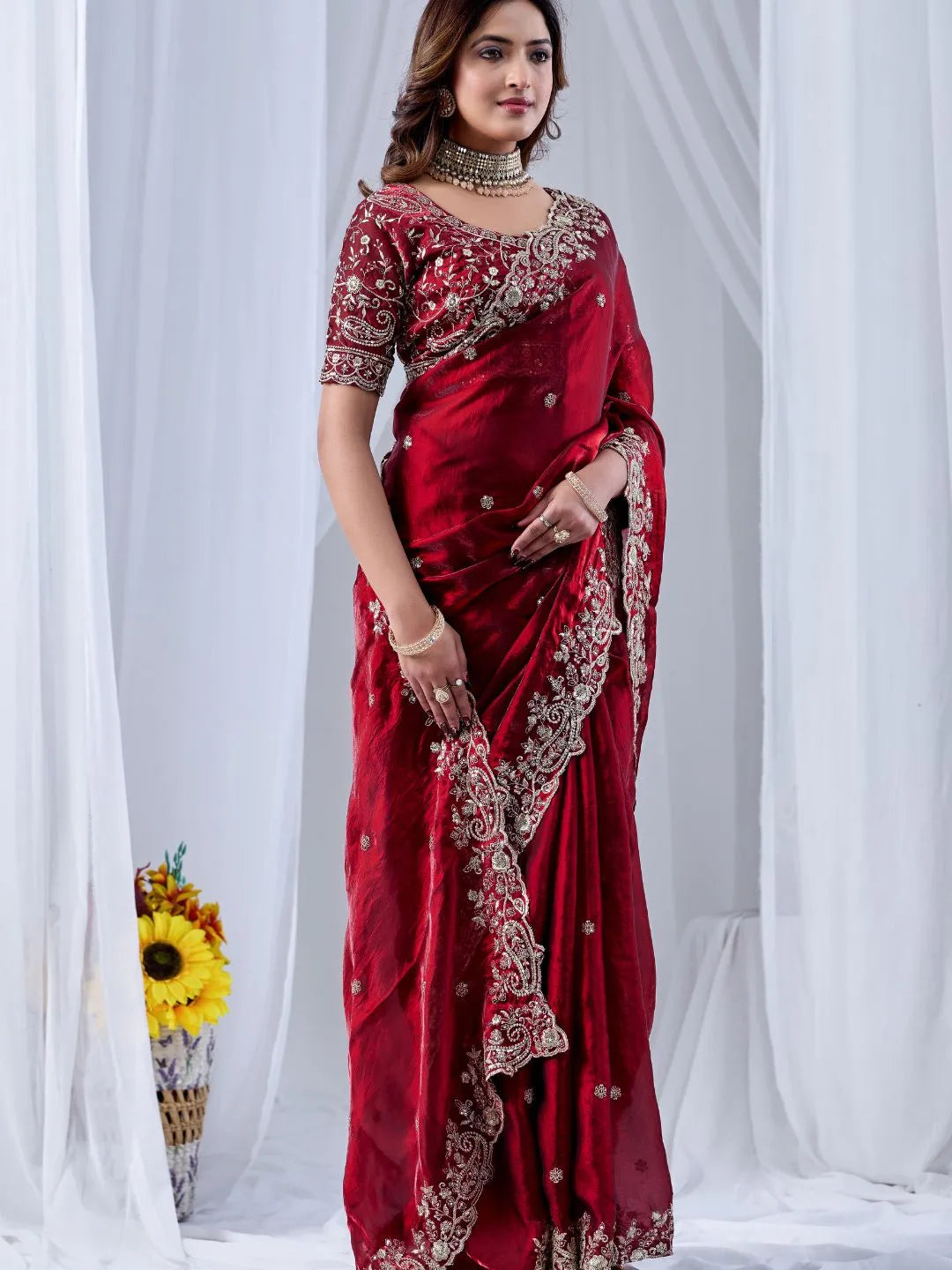 wine red festive saree