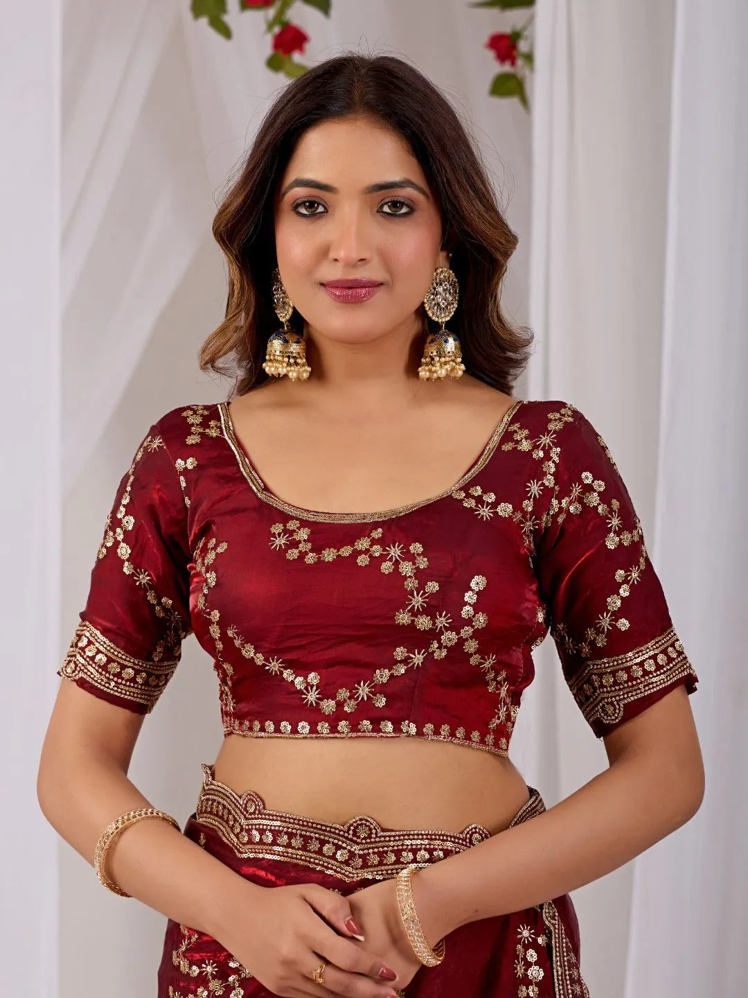 wine red floral saree