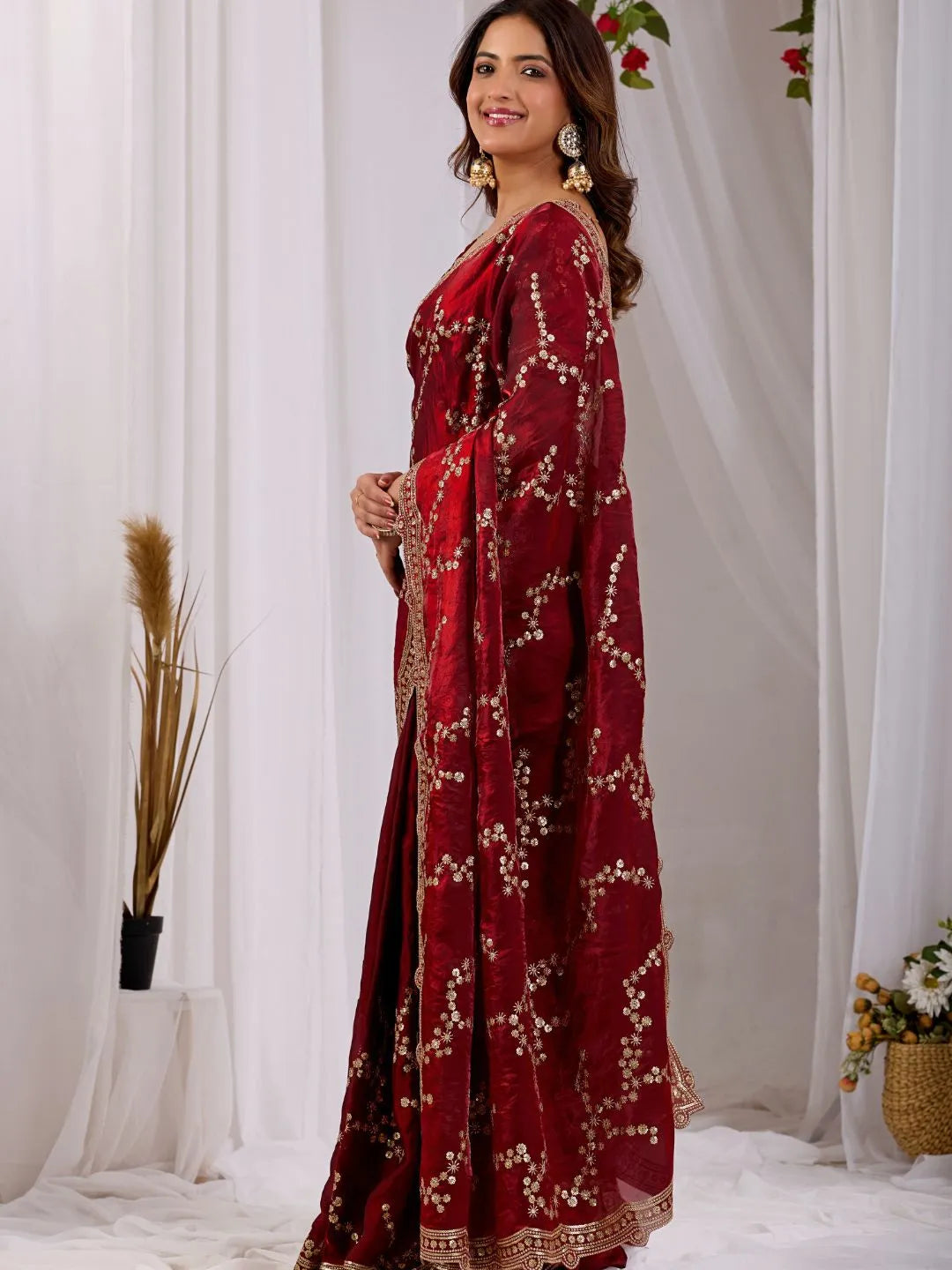 wine red embroidered festive silk saree
