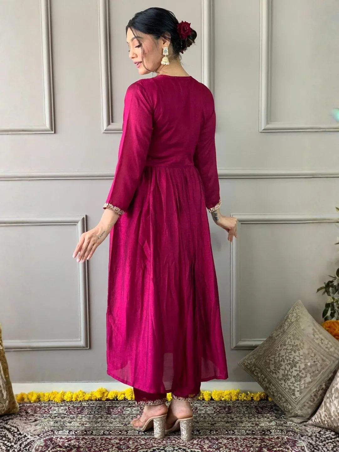 wine vichitra anarkali kurta pant set