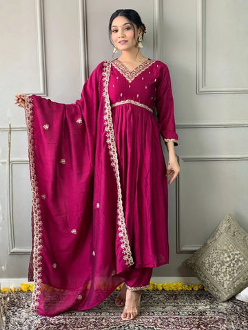 wine vichitra embroidered anarkali kurta pant set