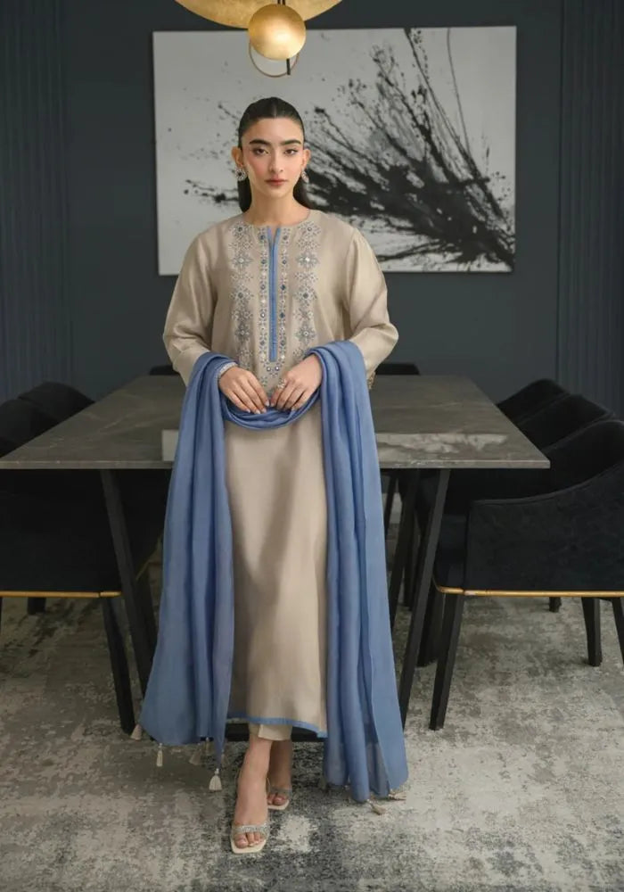 beige embroidered chanderi silk kurta set