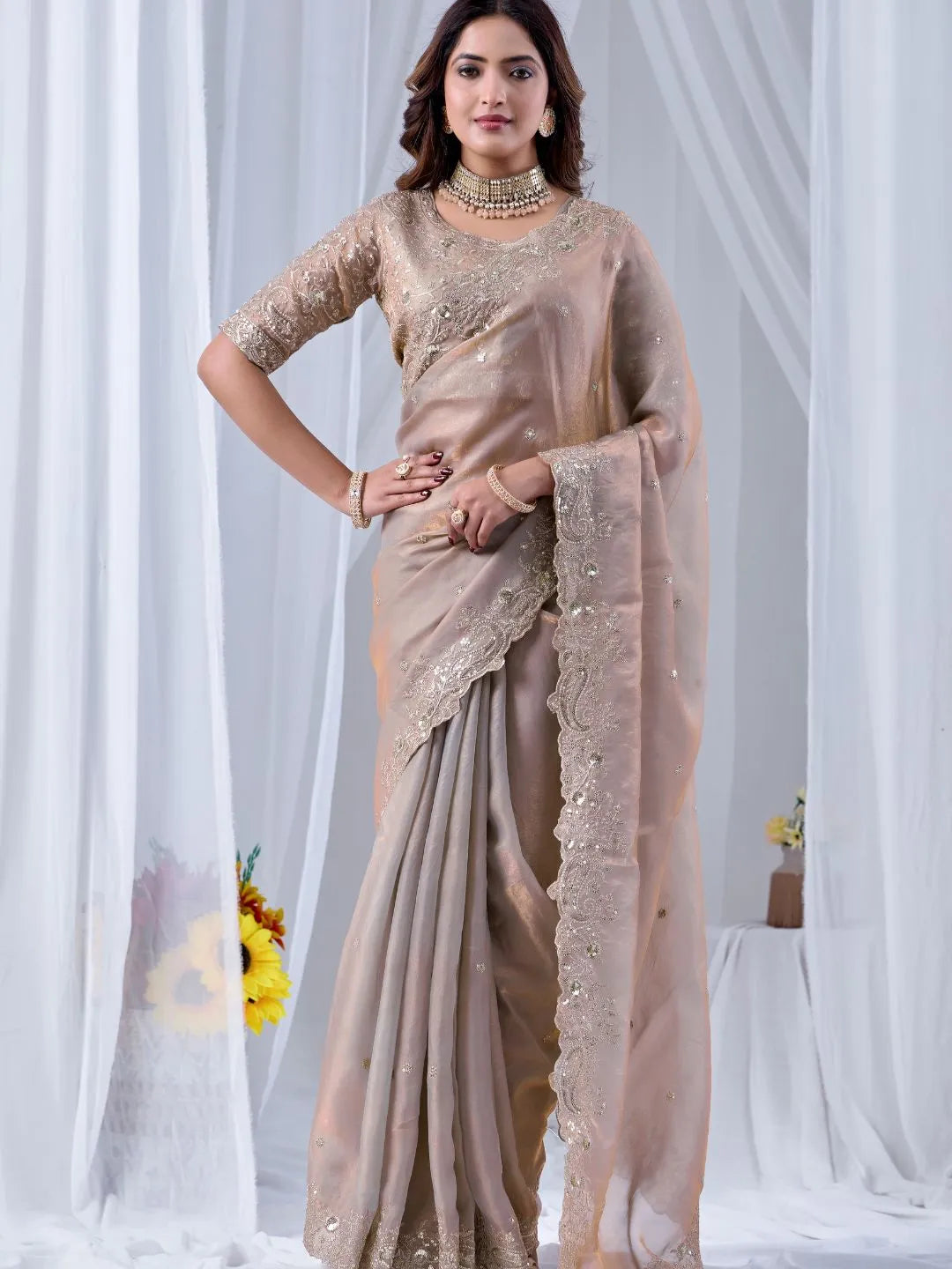 women beige silk saree