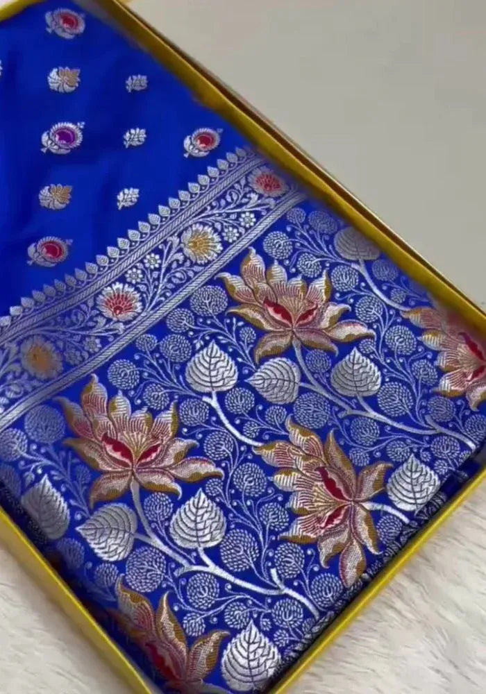 women blue cotton silk banarasi saree