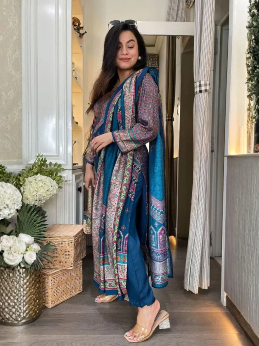 women blue printed rayon kurta set