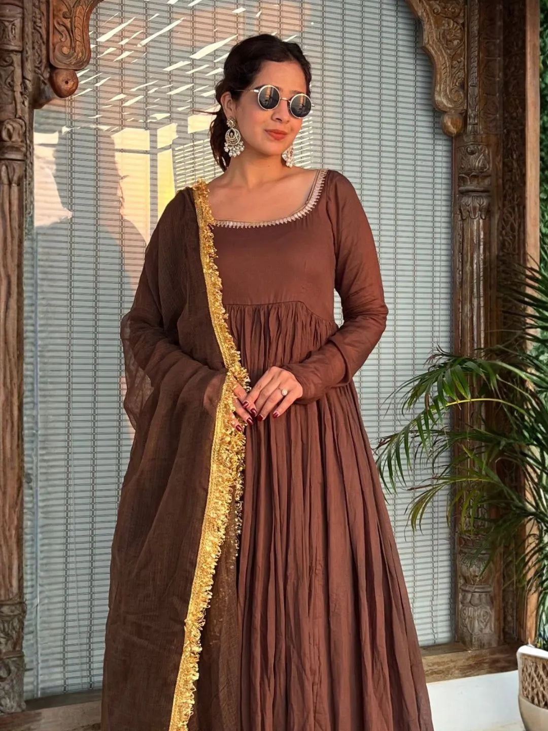 women brown anarkali kurta set