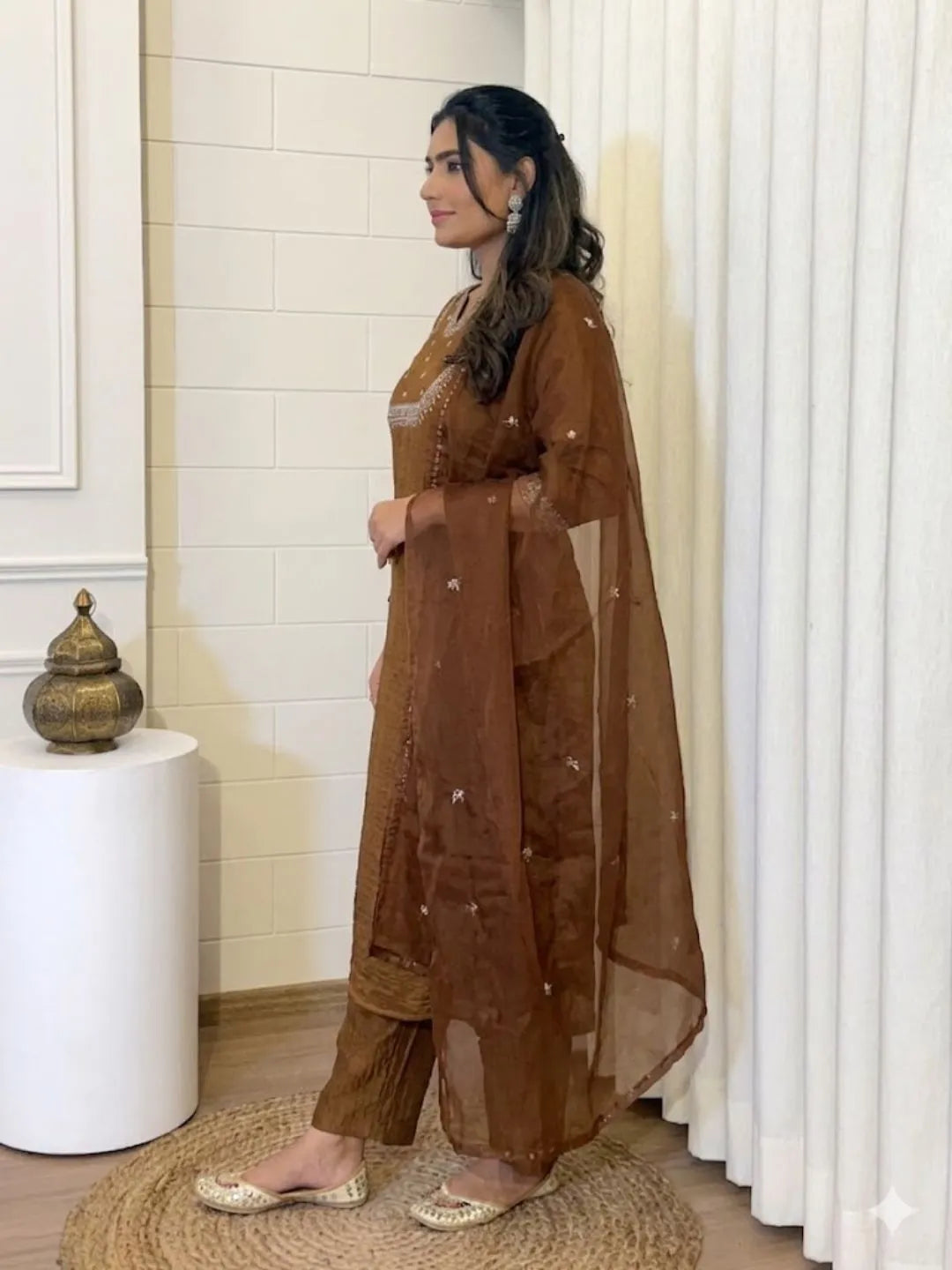 brown embroidered vichitra silk kurta pant set
