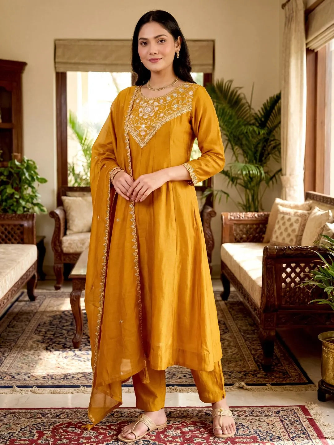 women gold anarkali kurta set