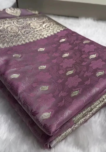 women lavender satin banarasi saree