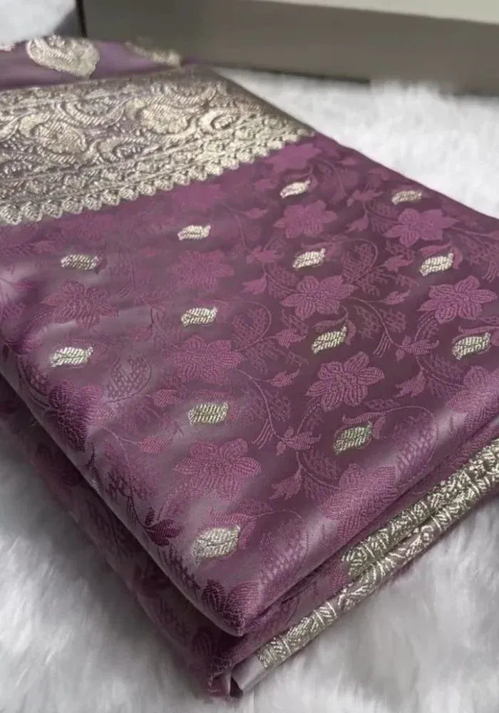 women lavender satin banarasi saree