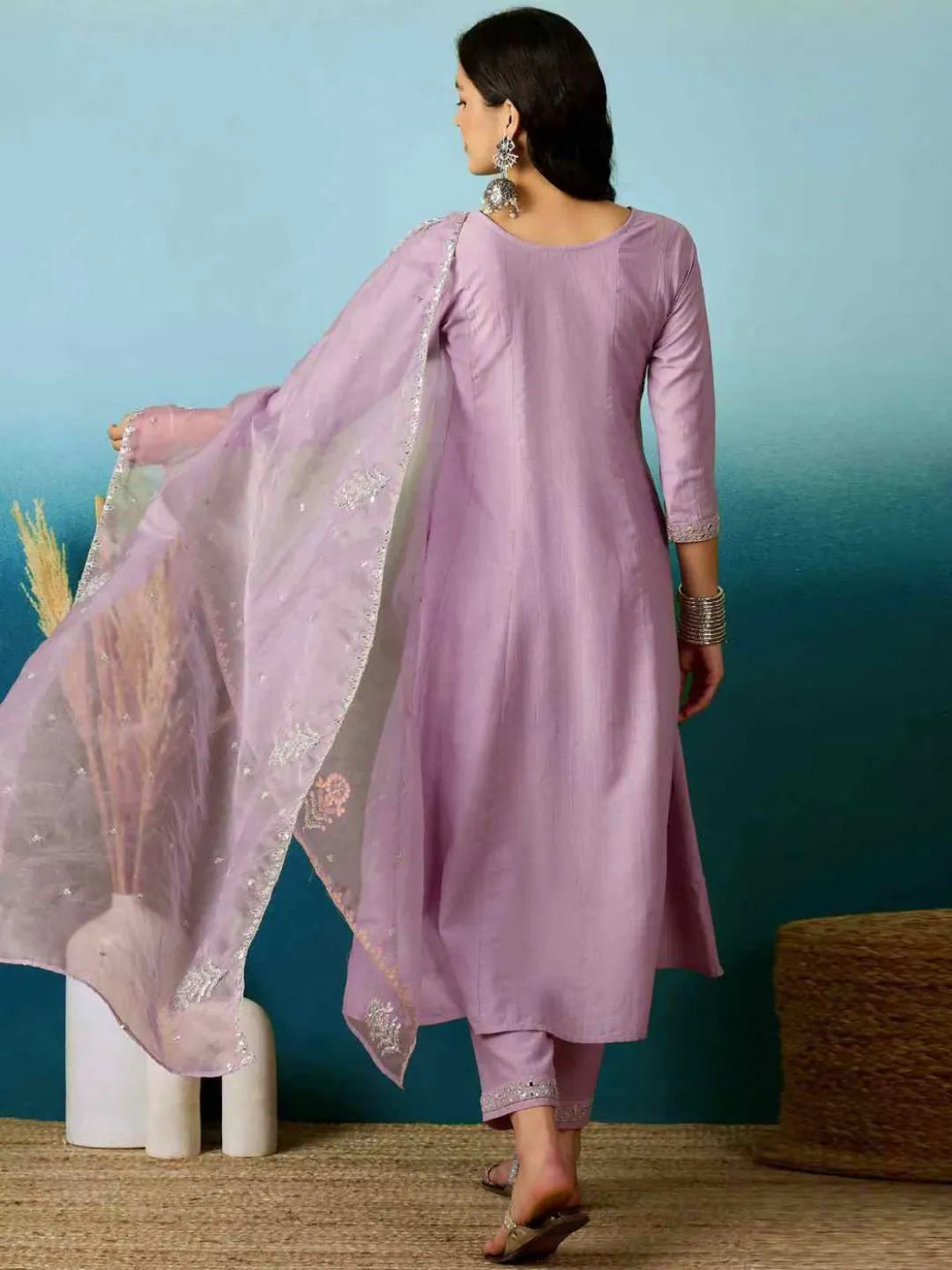 women lavender silk gown set