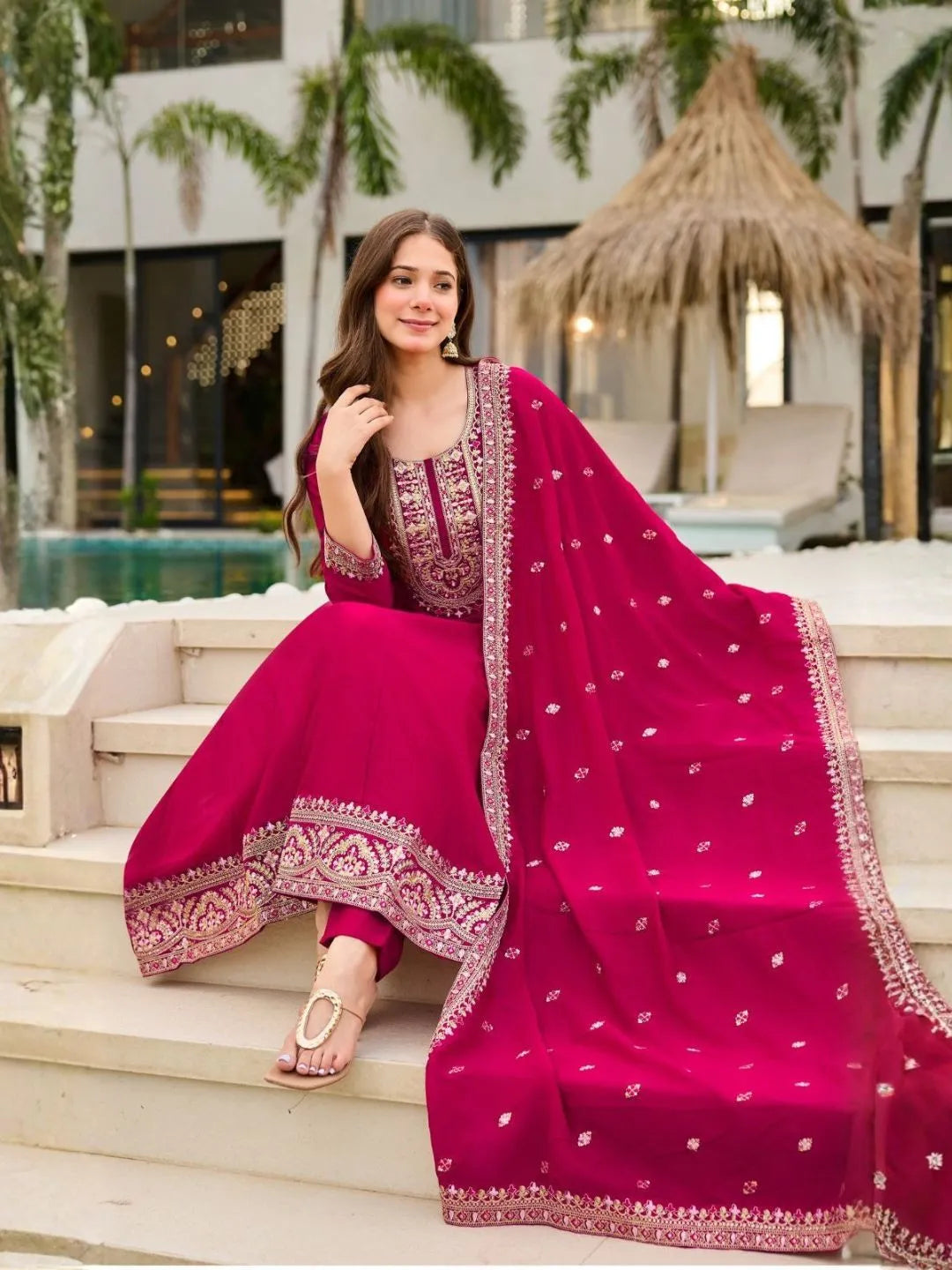 women magenta embroidered kurta set