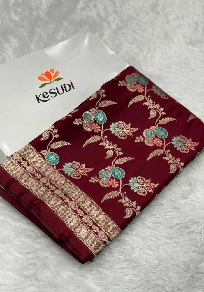 women maroon banarasi silk saree