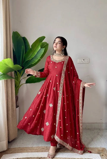 Maroon Embroidered Crunchy Silk Anarkali Suit