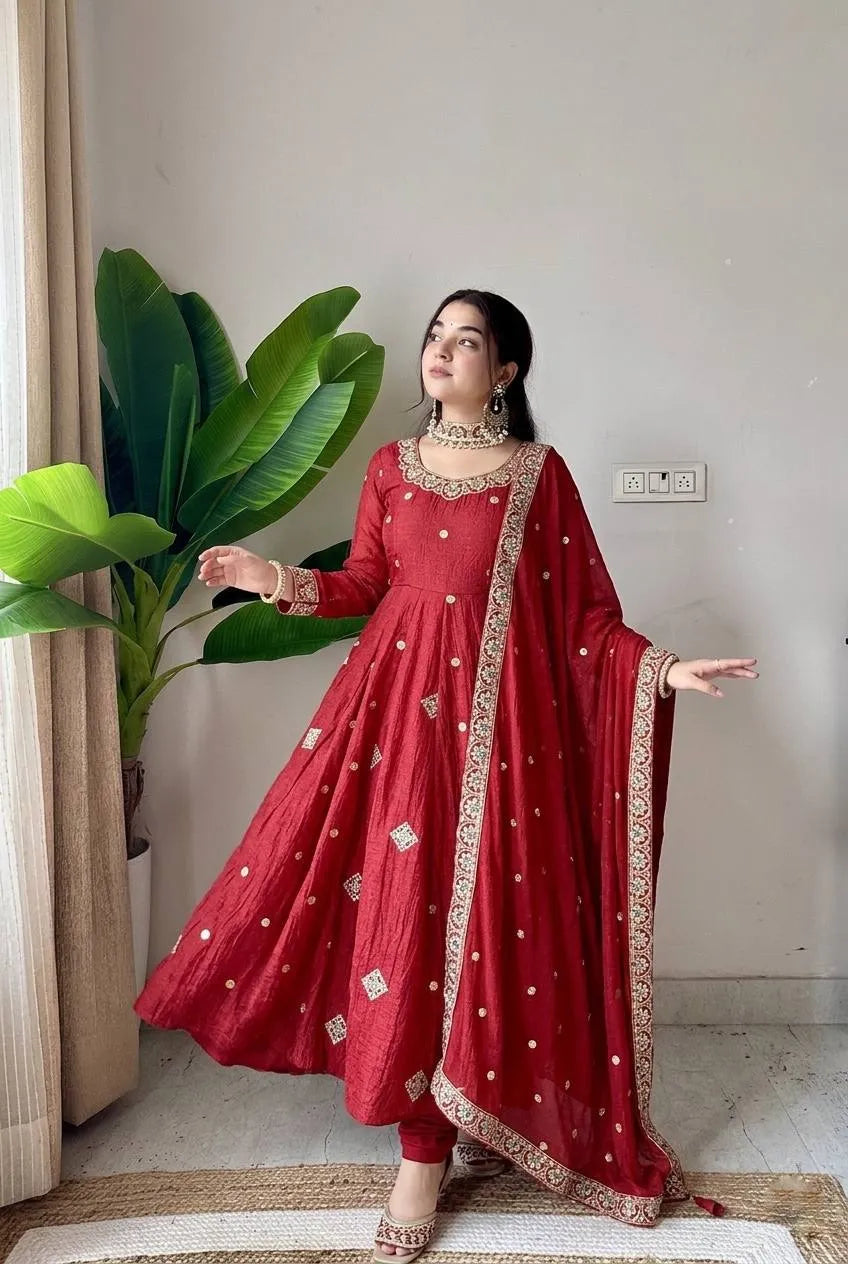 Maroon Embroidered Crunchy Silk Anarkali Suit