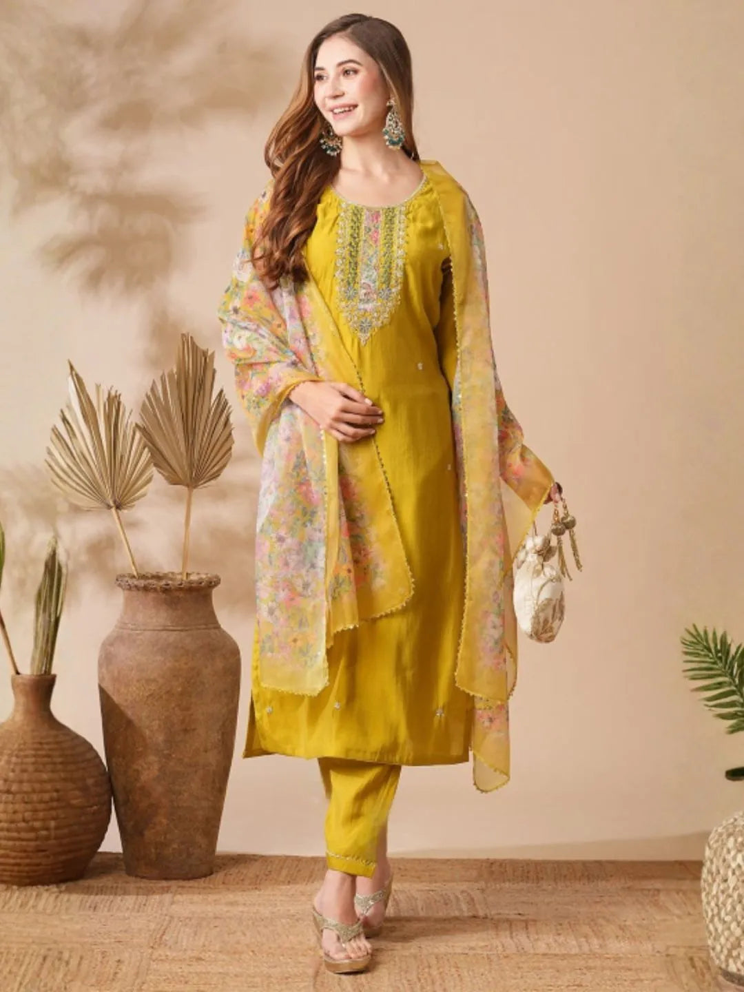 women mustard yellow embroidered coton kurta set