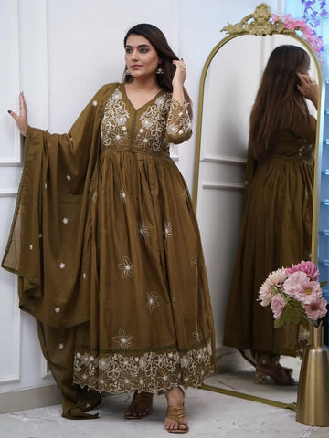 women olive green embroidered       cotton silk kurta set