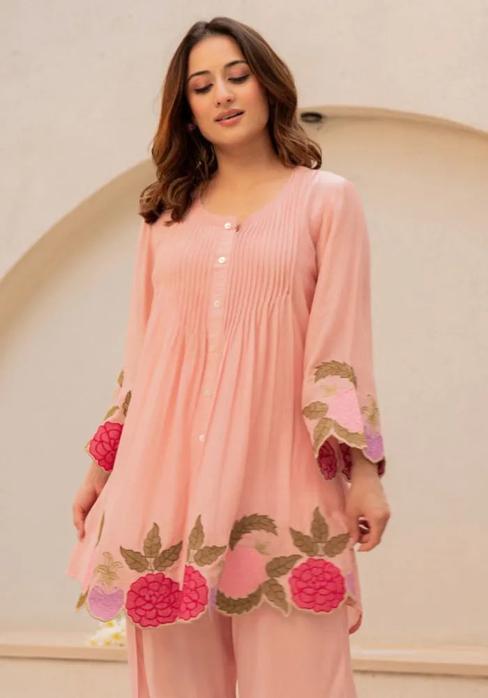 women peach chanderi silk co-ord set