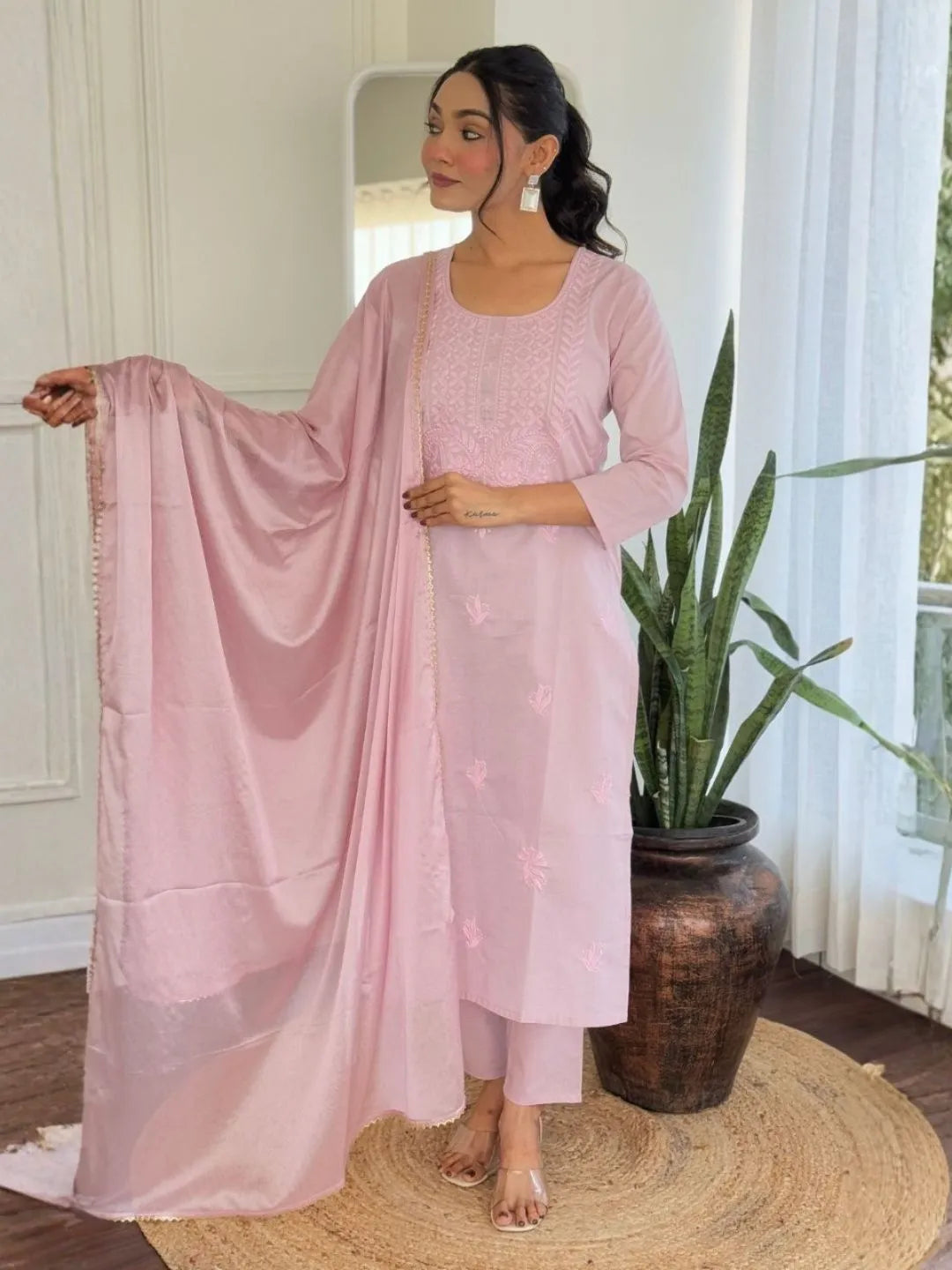 women pink cotton kurta set