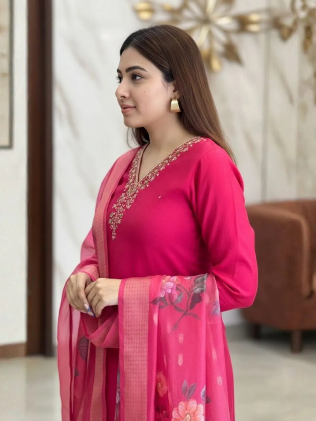 women pink embroidered kurta set