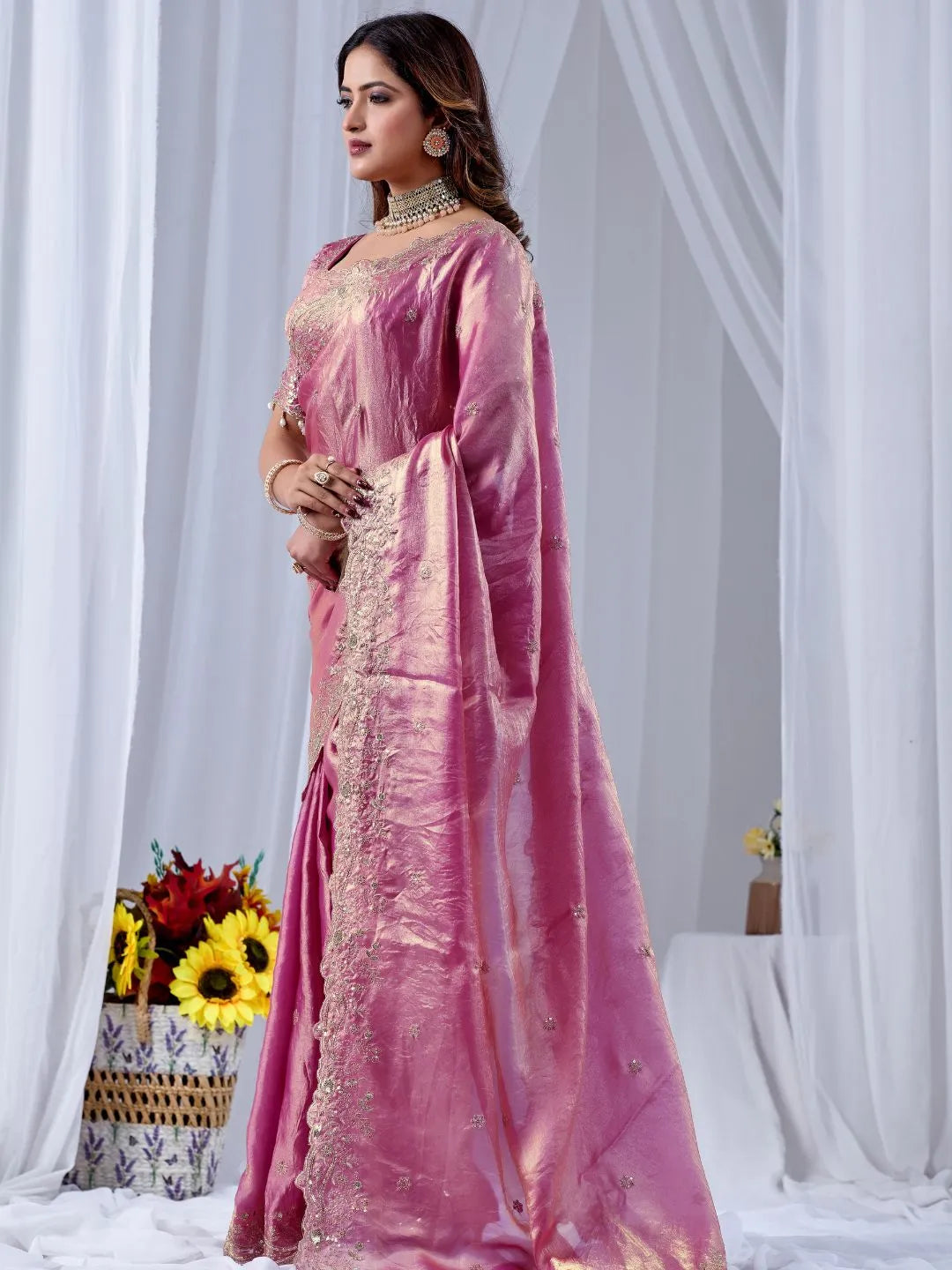 women pink silk saree