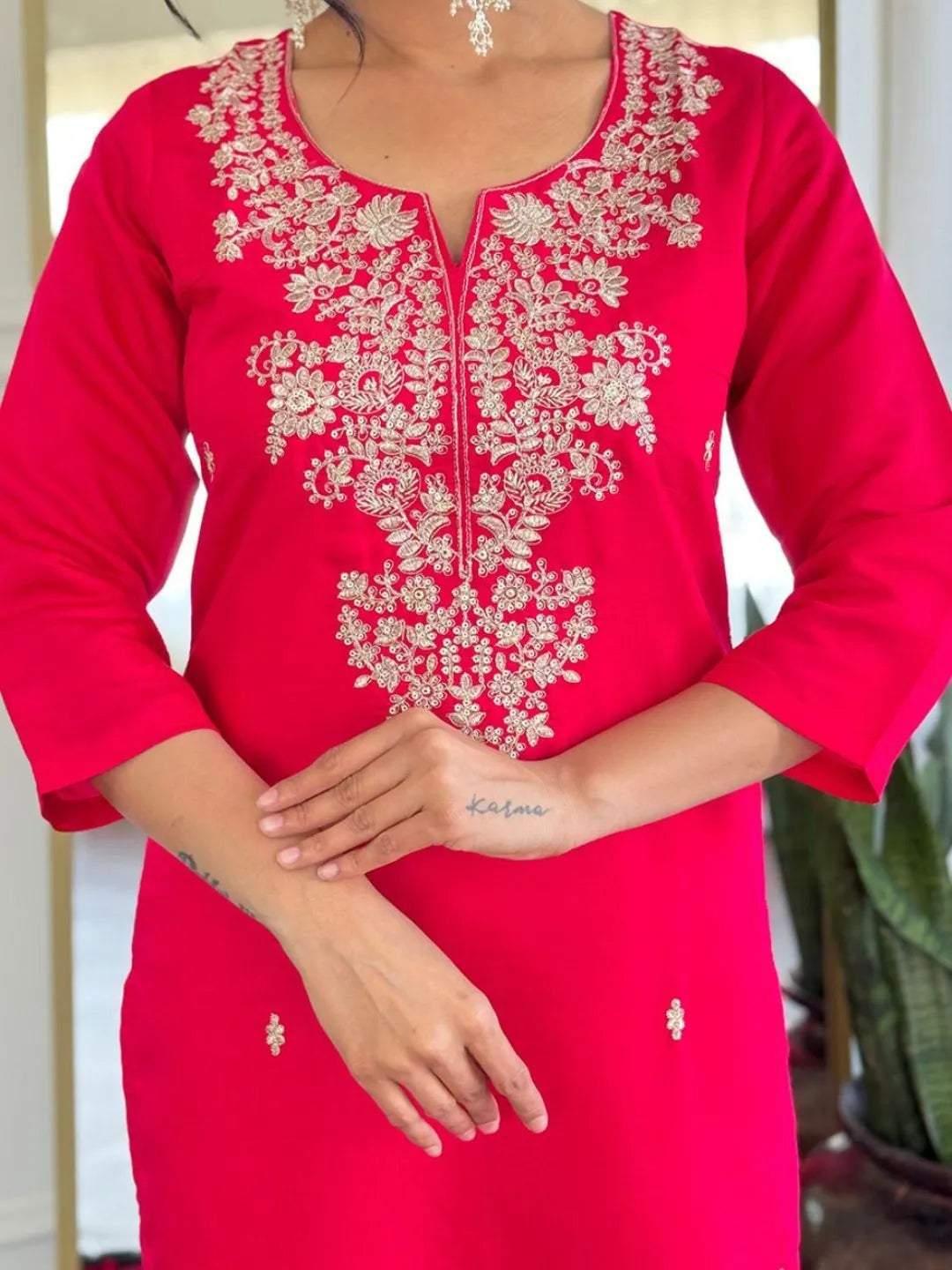 women rani pink silk kurta set