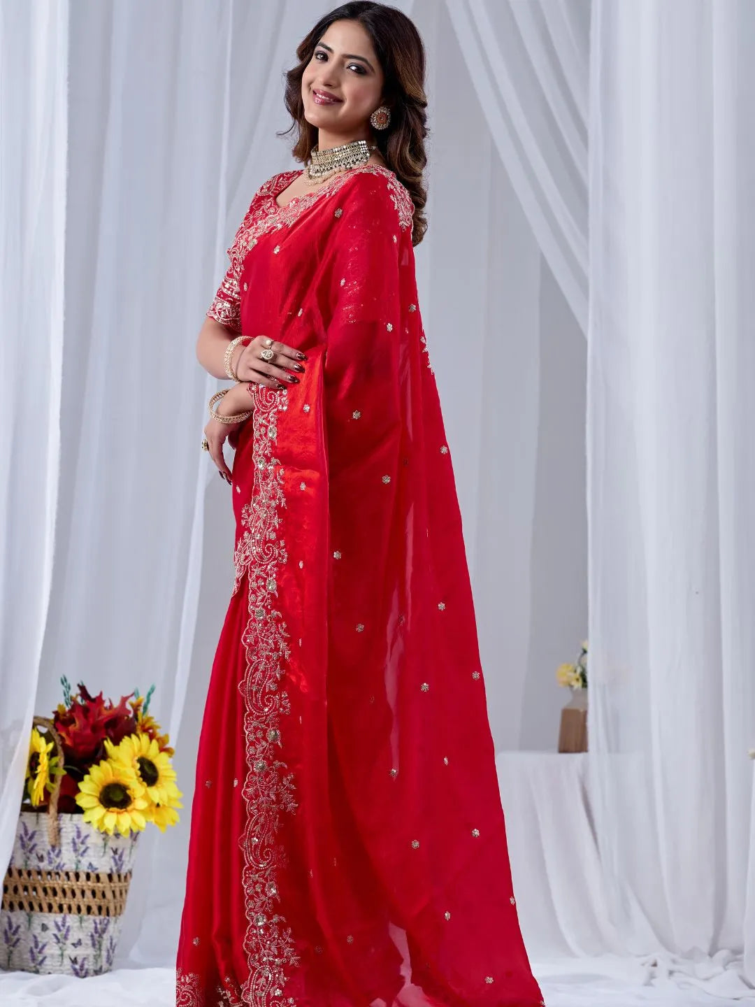 crimson red embroidered silk saree