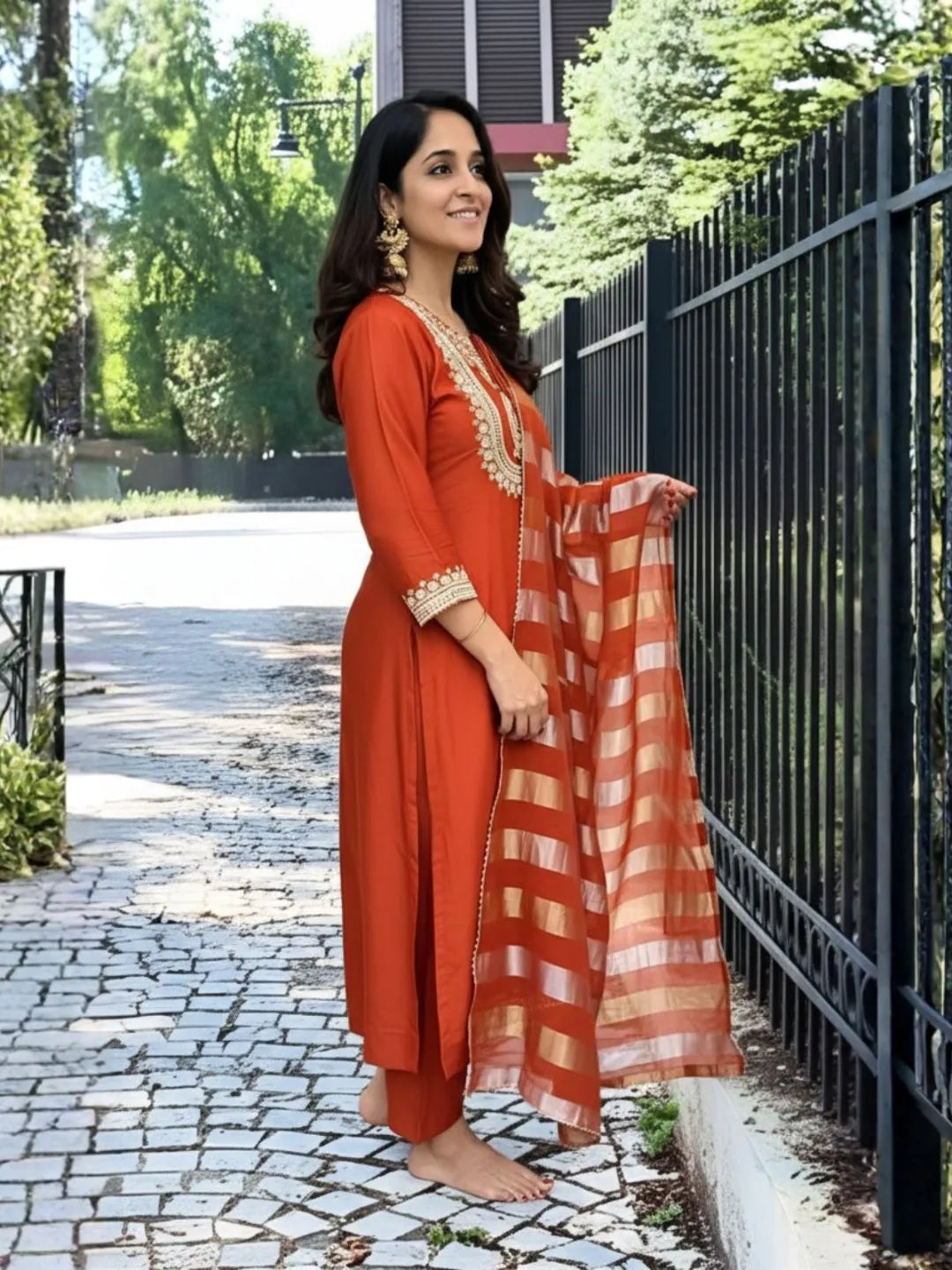 women rust orange kurta set