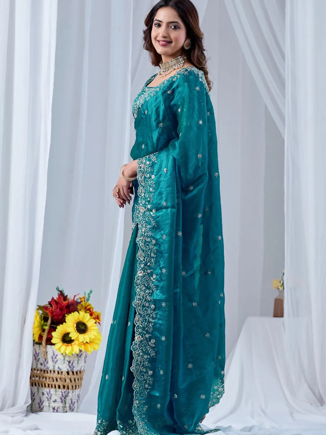 teal blue ethnic silk saree