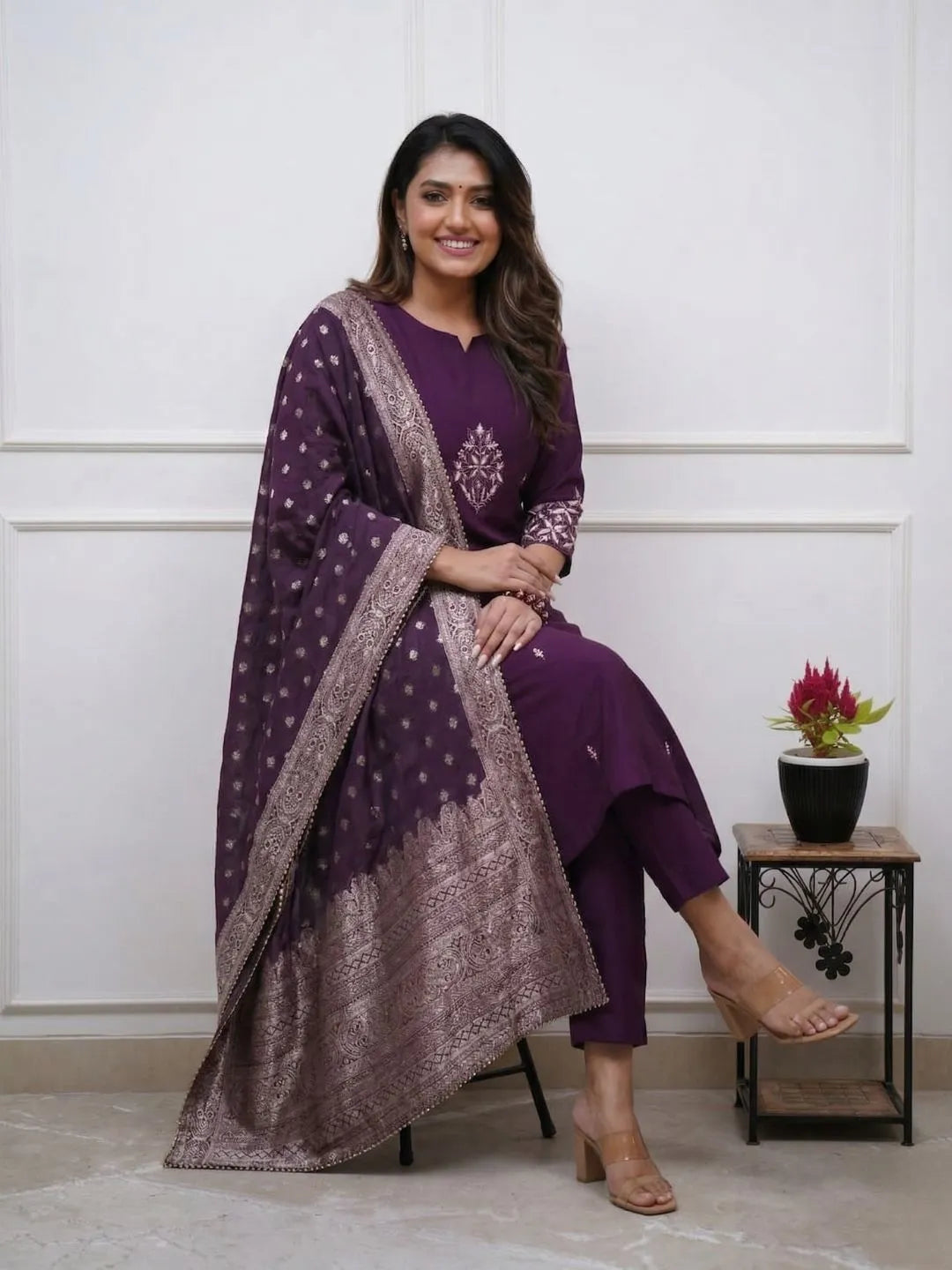 women weaving purple kurta set