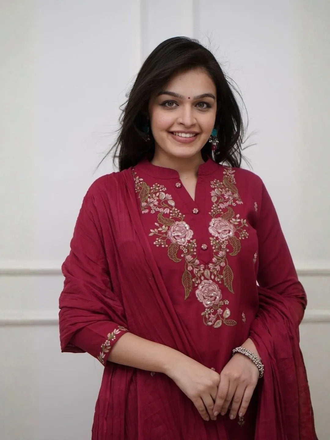 women wine embroidered kurta set