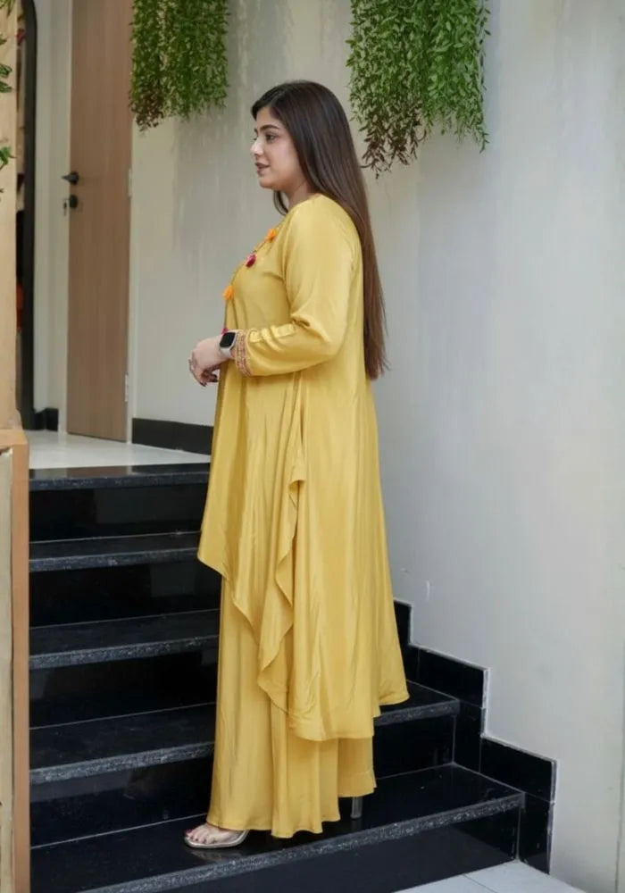 women yellow embroidered kurta set
