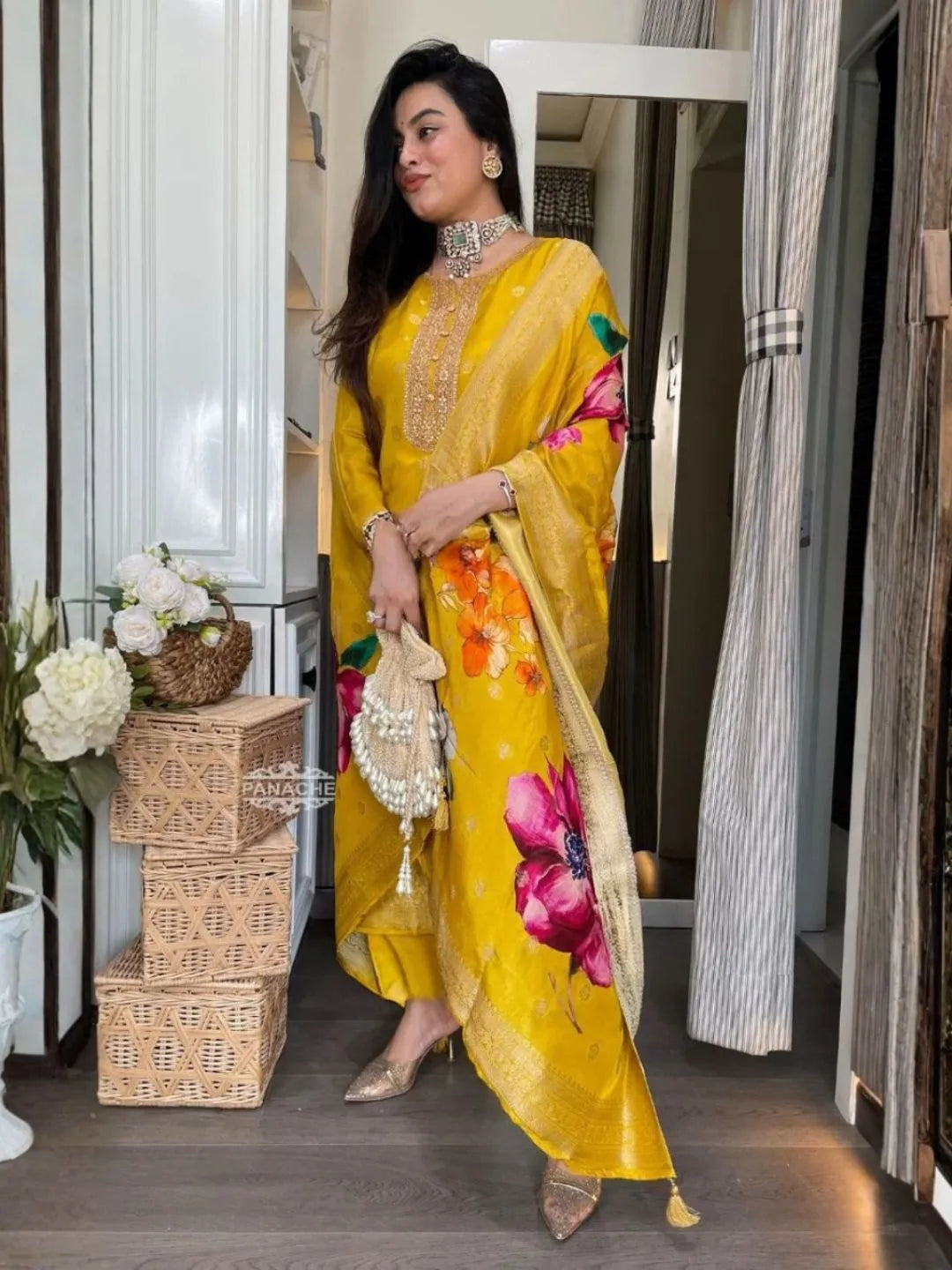 women yellow organza kurta set