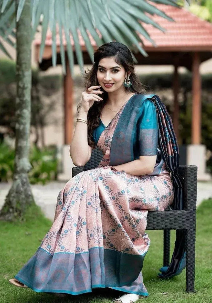woven peach silk saree