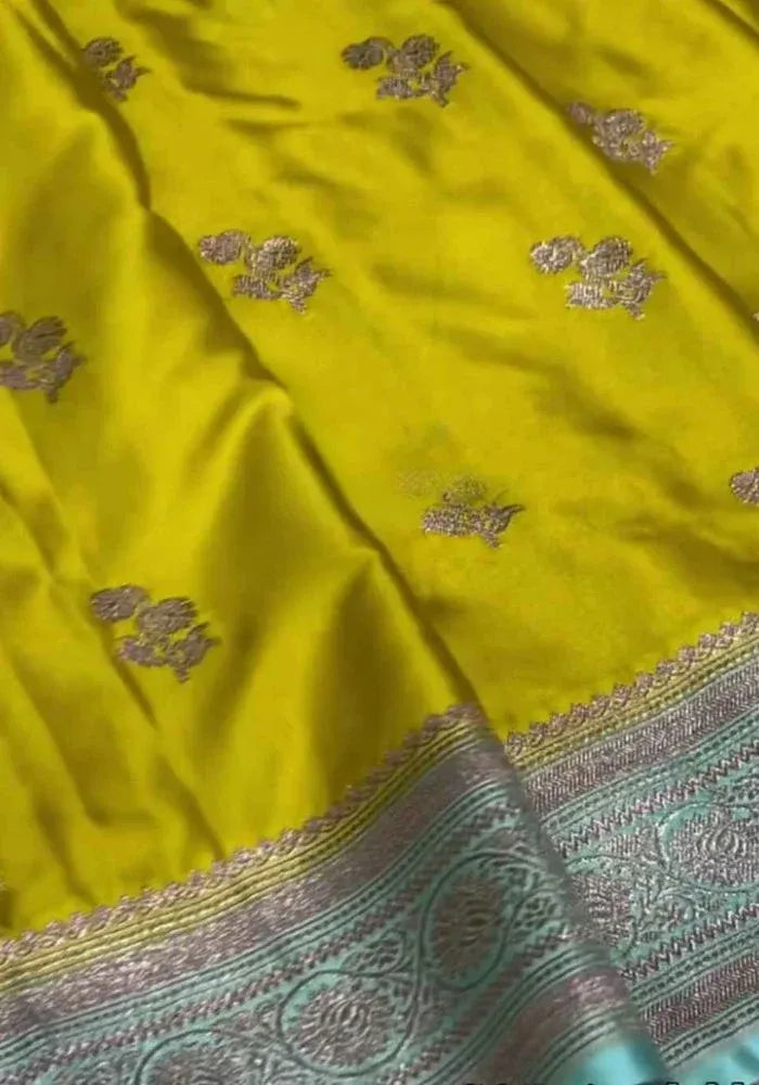 yellow banarasi satin sari