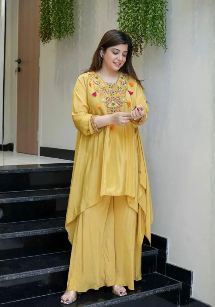 yellow embroidered french crepe kurta set