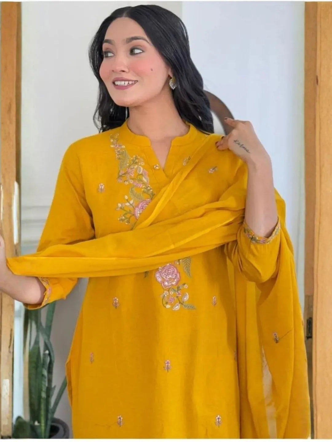 yellow embroidered kurta set
