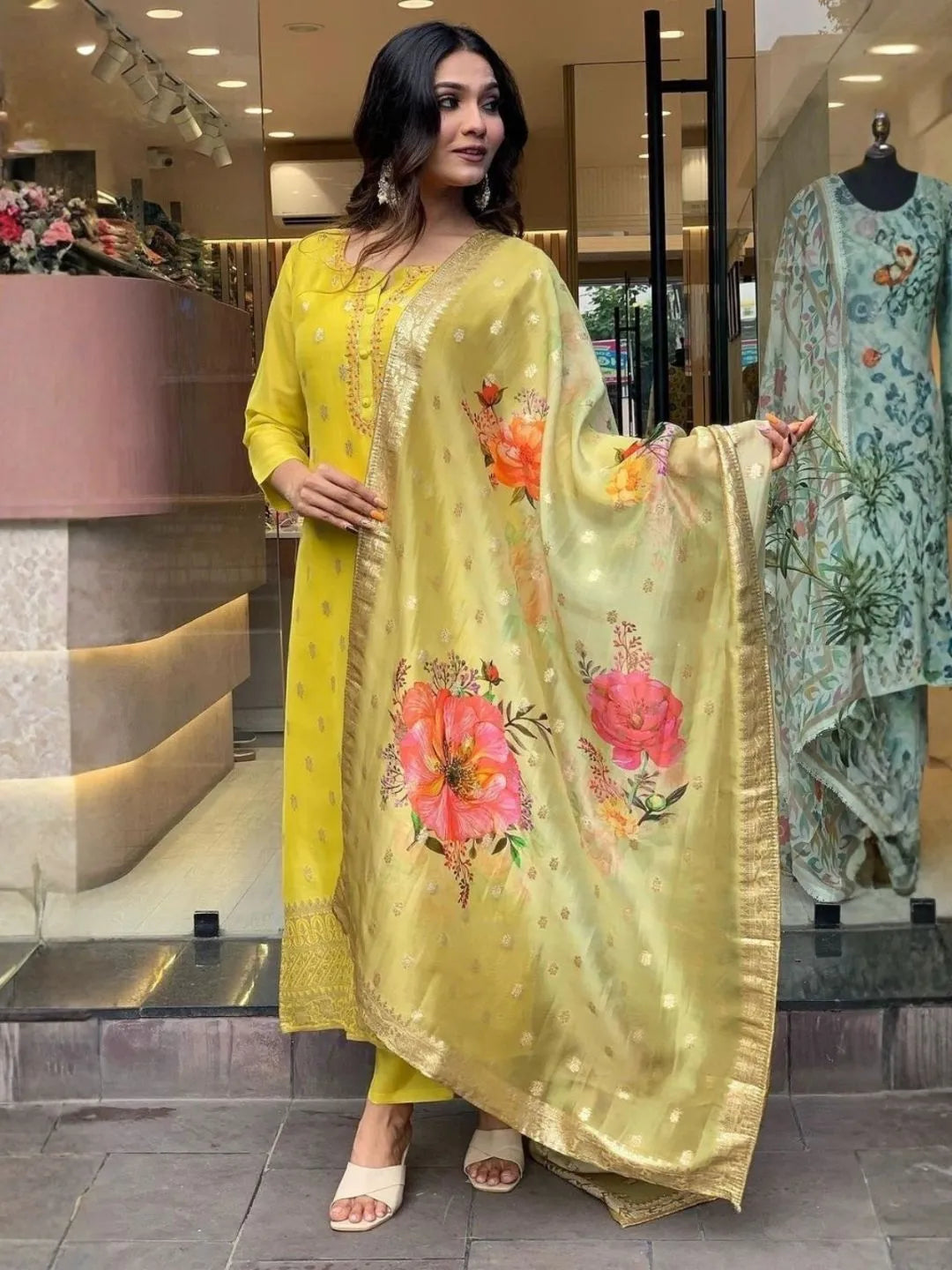yellow viscose organza jacquard kurta set